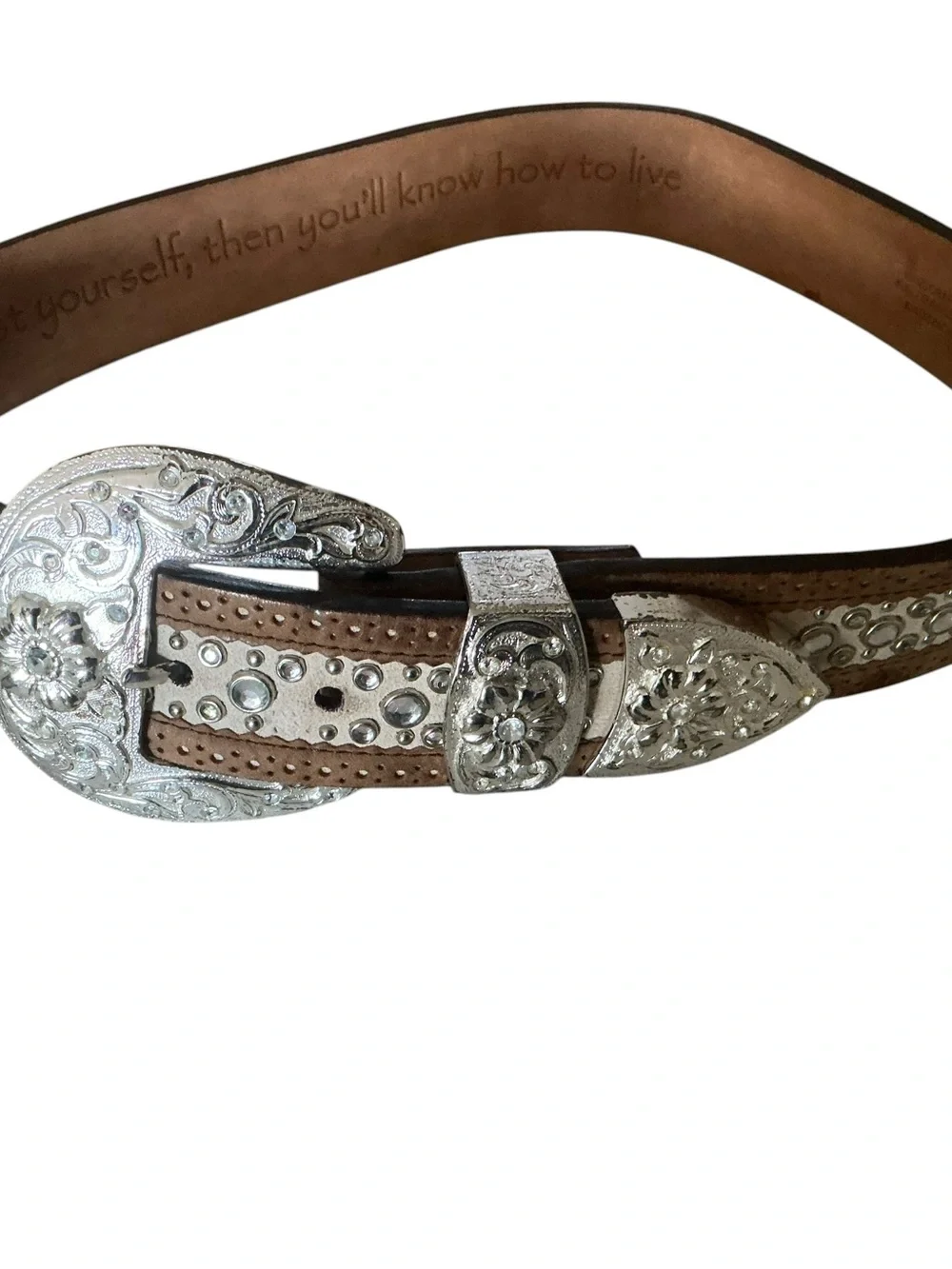 90s Vtg ARIAT belt brown embroidered leather silver floral buckle & rhinestones